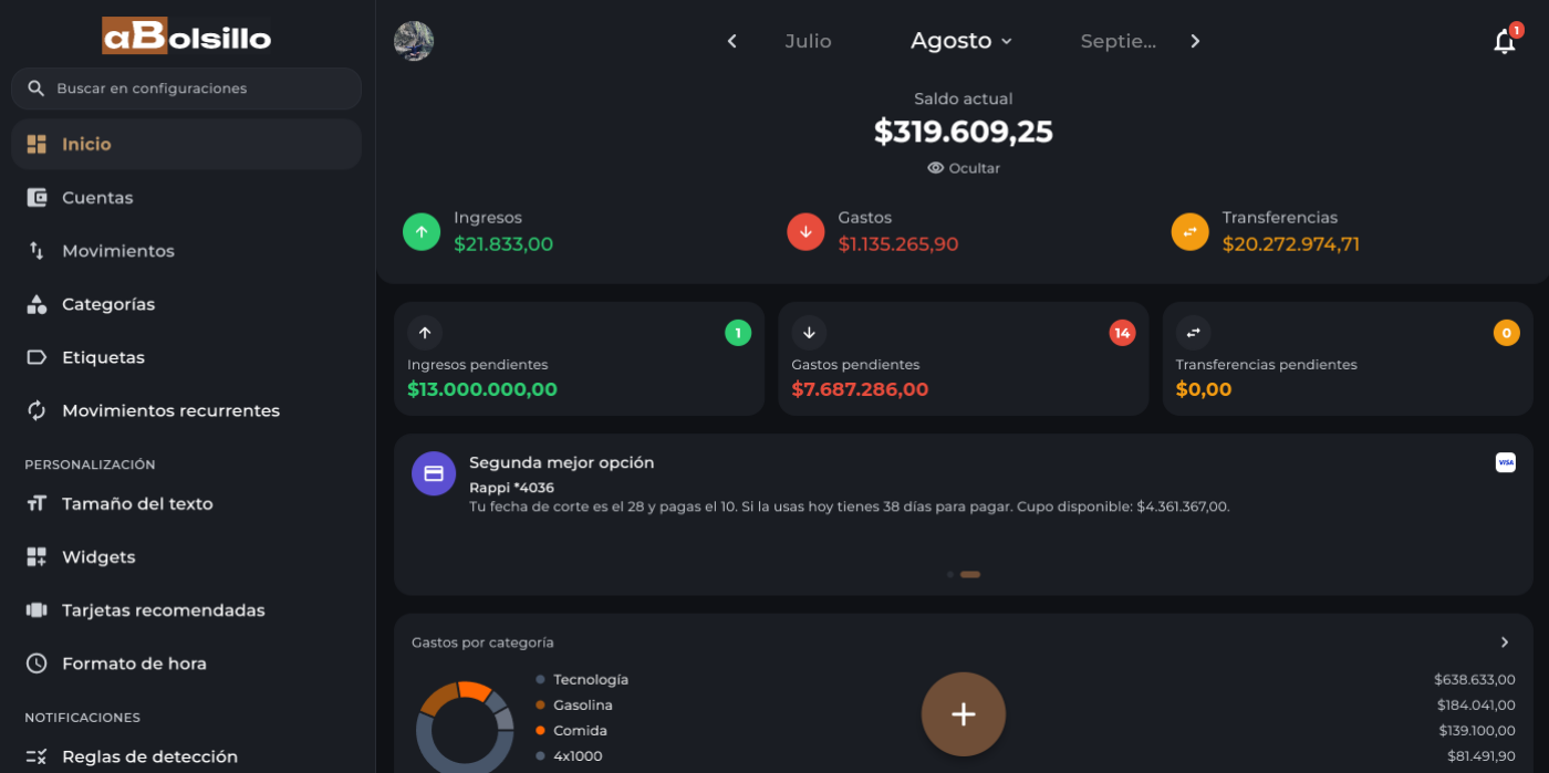 aBolsillo abierto en el navegador: saldo del mes, movimientos pendientes y gastos por categoría